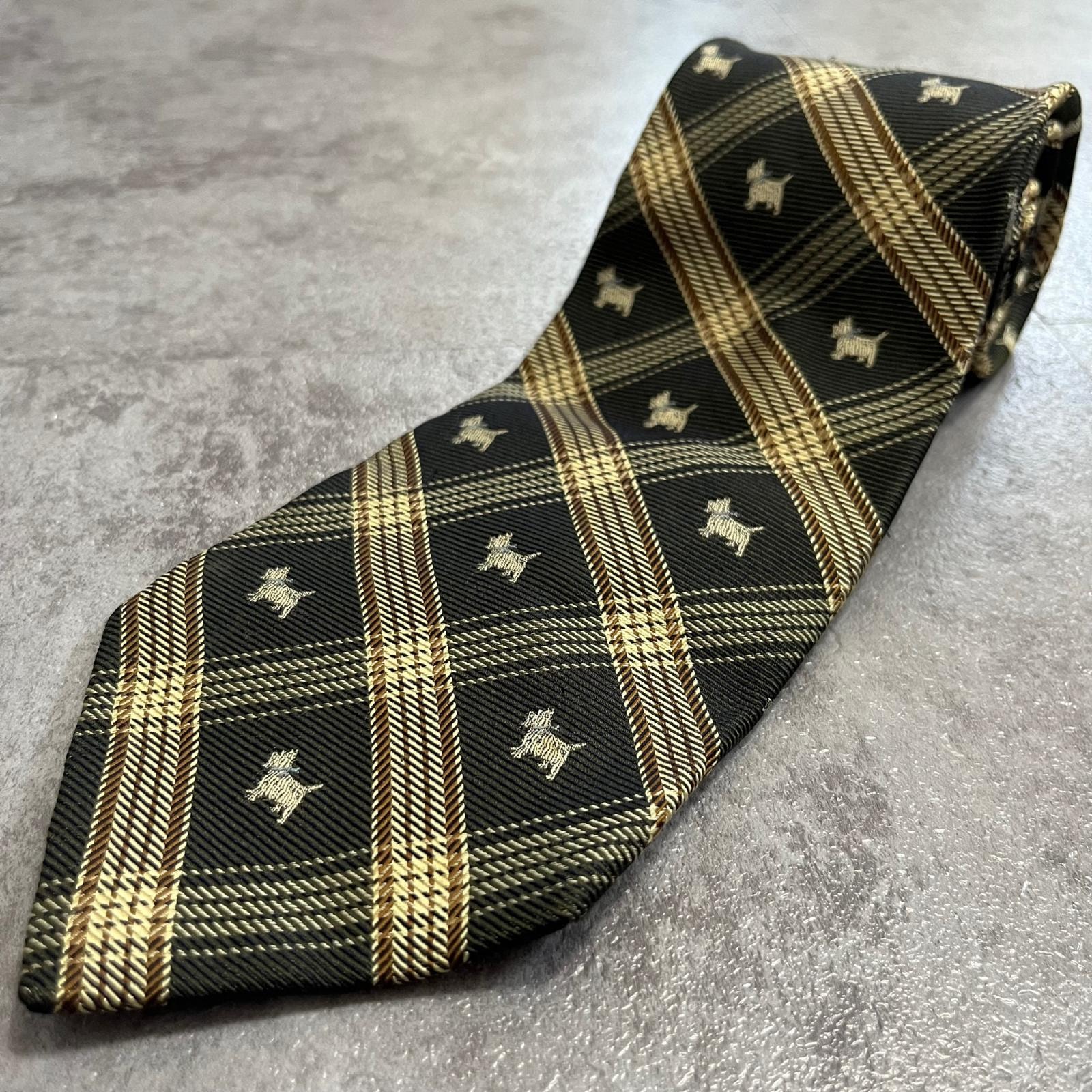 【RALPH LAUREN】ラルフローレン テリア 犬 イヌ ドッグ チェック柄 格子柄 ネクタイ グレー ベージュ シルク100% 日本製 メンズ 紳士用