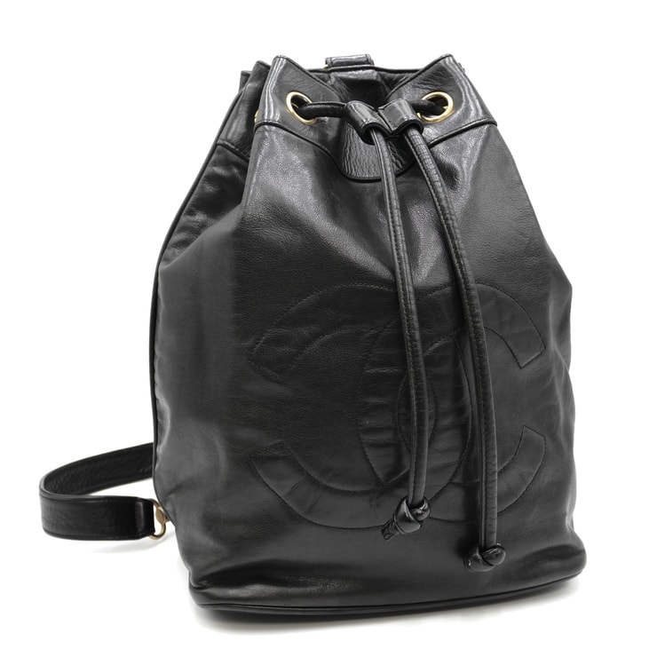 CHANEL(シャネル)ココマーク ヴィンテージ 巾着型バックパック リュックサック ショルダーバッグ ブラック ラムスキン レザー ゴールド金具 レディース【中古】