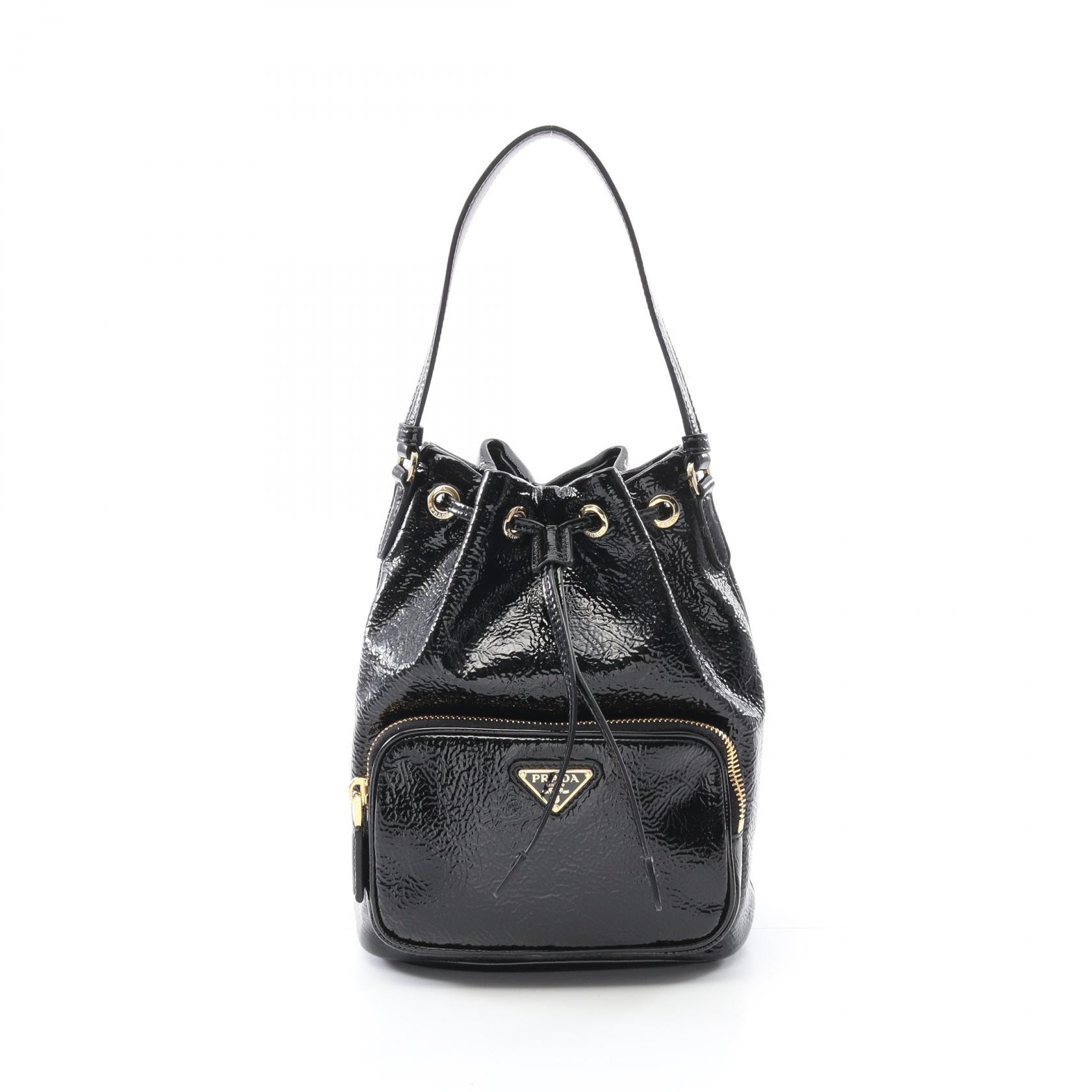 プラダ PRADA デュエット ナプラックパテント バケットバッグ ハンドバッグ バッグ パテントレザー レディース ブラック系 1BH0382DNTF0002 【中古】