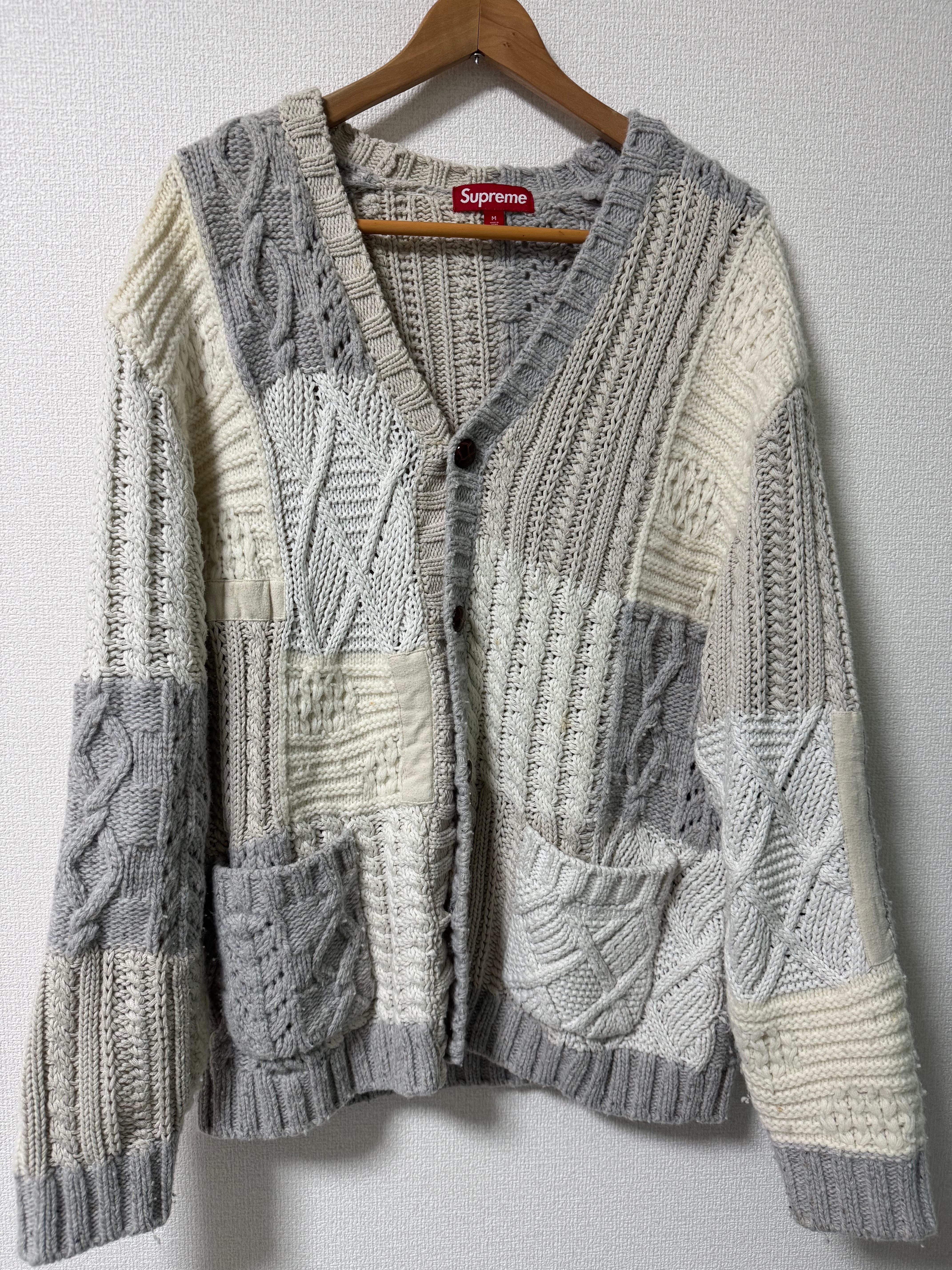 シュプリーム パッチワーク ケーブル ニット カーディガン "アイボリー"