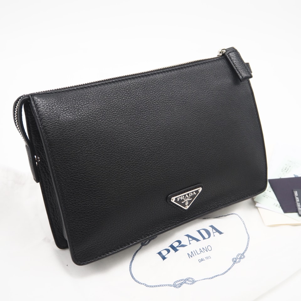 極美品 PRADA プラダ ヴィッテロ シティ レザー ロゴプレート セカンドバッグ ネロ 2VF006 セカンドバッグ ブラック カーフレザー メンズ