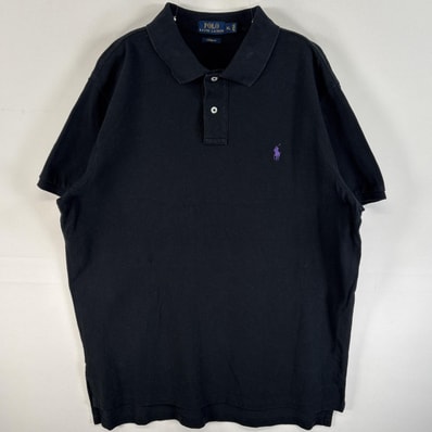 古着 90's/90年代 ポロ・ラルフローレン POLO RALPH LAUREN 鹿の子 半袖 ポロシャツ ワンポイント ロゴ 刺繍 大きいサイズ 2ボタン ブラック 無地 メンズ