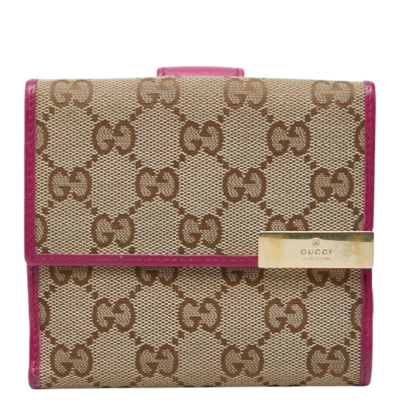 グッチ GGキャンバス メタルプレート 二つ折り財布 ウォレット 257015 ベージュ ピンク キャンバス レザー レディース GUCCI 中古