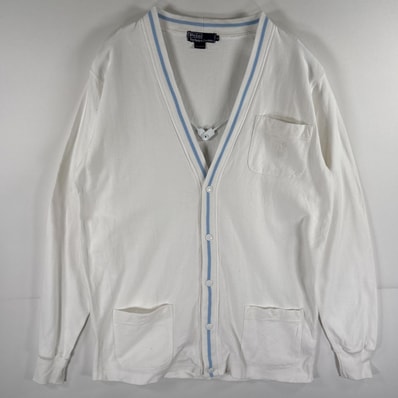 古着 ポロバイラルフローレン Polo by Ralph Lauren カーディガン コットンニット シャンブレ Vネック スナップボタン M ホワイト メンズ