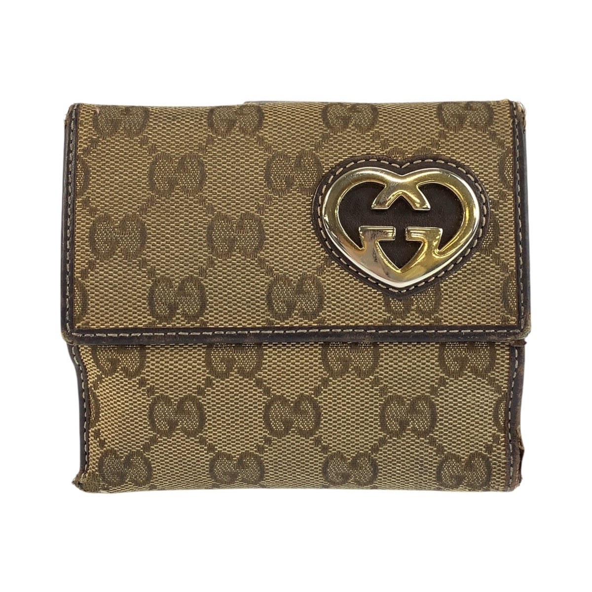 GUCCI グッチ ラブリー ブラウン ベージュ ゴールド金具 GGキャンバス レザー/ 折財布 コンパクトウォレット 603916 【中古】