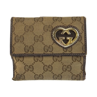 GUCCI グッチ ラブリー ブラウン ベージュ ゴールド金具 GGキャンバス レザー/ 折財布 コンパクトウォレット 603916 【中古】