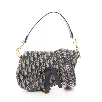 ディオール Dior サドルバッグ オブリーク 2WAY ハンドバッグ バッグ キャンバス レザー レディース ホワイト系 / ネイビー系 【中古】