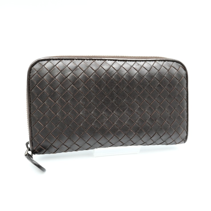 BOTTEGA VENETA(ボッテガ・ヴェネタ)イントレチャート ヴィンテージ ラウンドファスナー長財布 ダークブラウン レザー メンズ レディース P00860927P【中古】