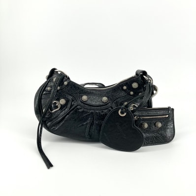 BALENCIAGA(バレンシアガ) ル カゴールXS アンティーク調スタッズ ハート型ミラー シルバー金具 671309 ショルダーバッグ ブラック×シルバー