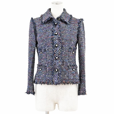 【美品】CHANEL シャネル ジャケット スターボタン ツイード 05A P26321 2005AW COCOマーク ロゴ ボーダー カメリアライニング シルクブレンド アウター レディース 36 ネイビー マルチカラー 紺 仏製 カール・ラガーフェルド期