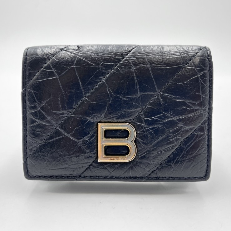 BALENCIAGA(バレンシアガ)Crush フラップコイン&カードホルダー キルテッド レザー ブラック ゴールド金具 コンパクト財布 コインケース カードケース レディース【中古】