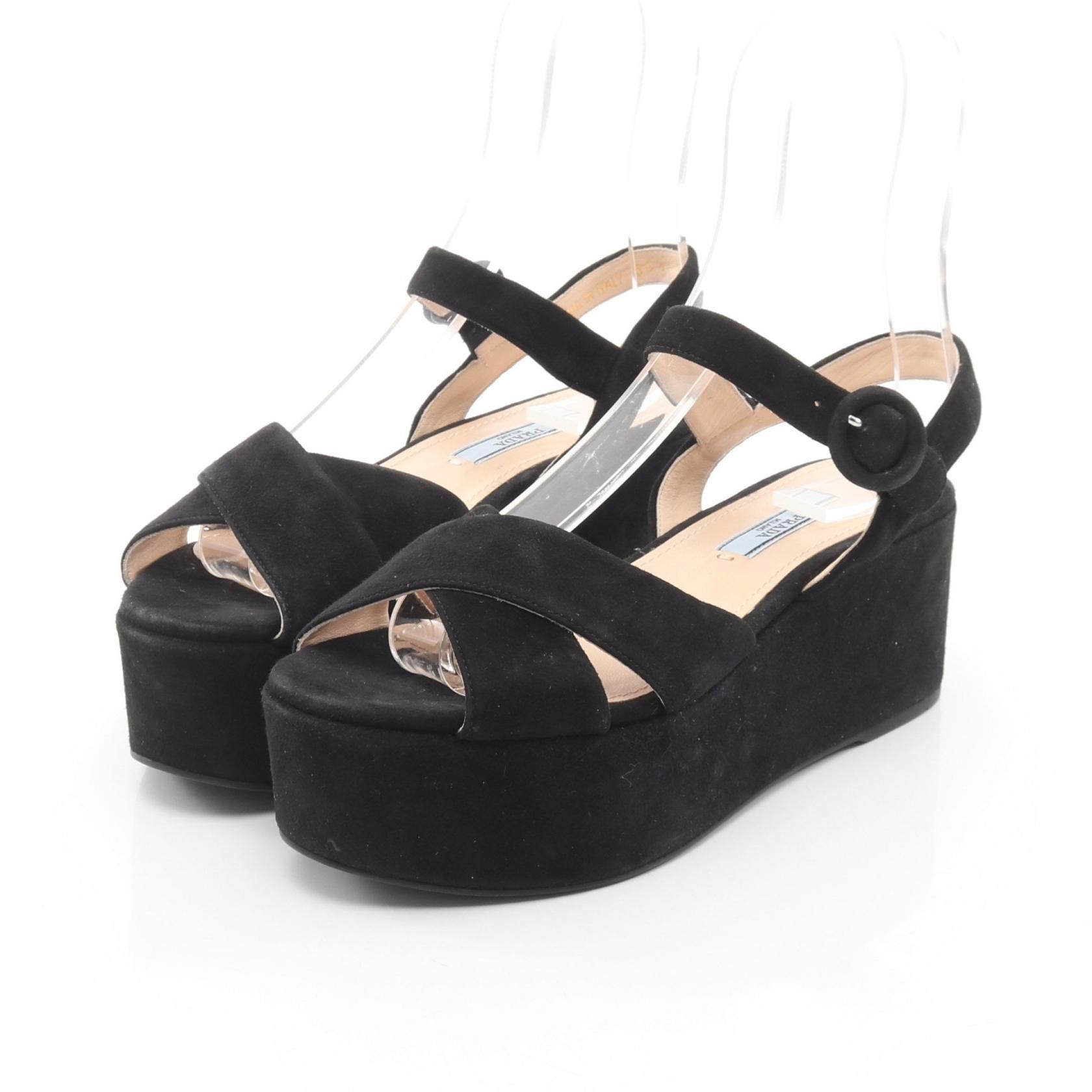 プラダ PRADA サンダル 靴 スウェード レディース ブラック系 【中古】