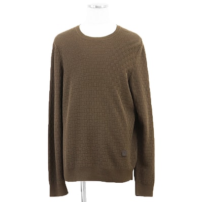 LOUIS VUITTON ルイ・ヴィトン ニット サイズ XL メンズ ダミエ ミドルゲージ コットン/ウール LVロゴ レザーパッチ トップス ブラウン 茶色 イタリア製