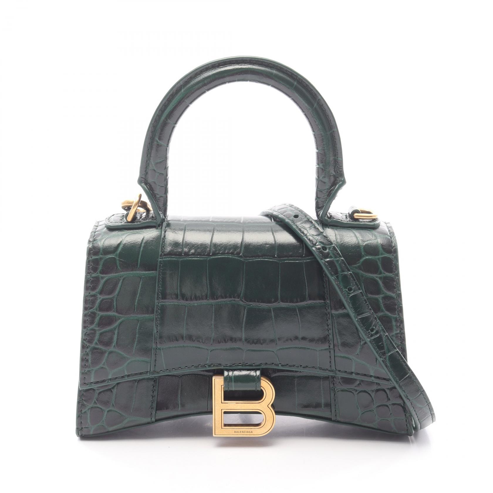 バレンシアガ BALENCIAGA HOURGLASS XS クロコ型押し 2WAY ハンドバッグ バッグ レザー レディース グリーン系 592833 【中古】