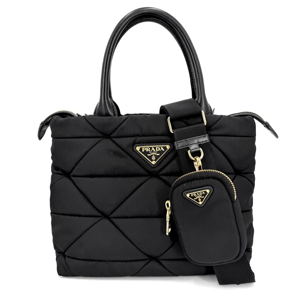 PRADA プラダ 2WAY スモール パデッド ハンドバッグ トートバッグ ショルダーバッグ 肩掛け 斜め掛け 1BG373 ナイロン    ブラック 黒 ゴールド金具 レディース【中古品】