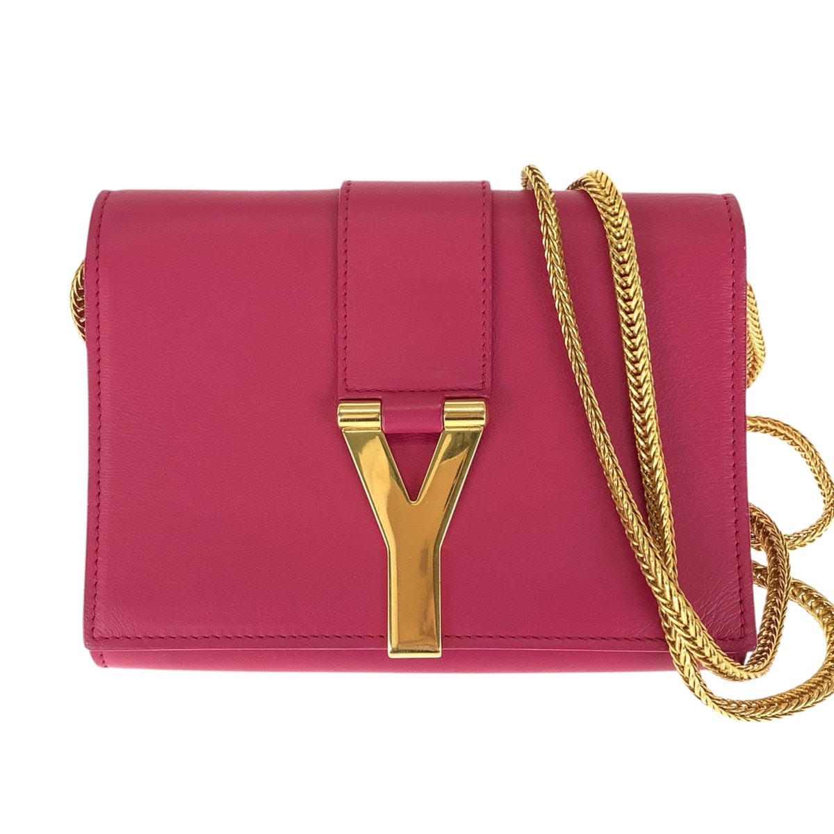 美品 SAINT LAURENT サンローラン クラシック Yライン サッチェル スモール 2way ピンク ゴールド金具 レザー メタル/ チェーンショルダーバッグ クラッチバッグ 1-0289385 【中古】