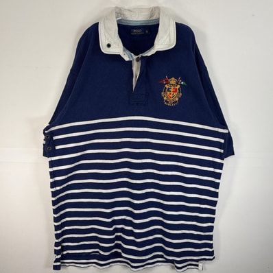 古着 ポロ・ラルフローレン POLO RALPH LAUREN 鹿の子 半袖 ラガーシャツ 刺繍 デザイン メタルボタン 襟切替 2XLT TALL ネイビー系 ボーダー メンズ