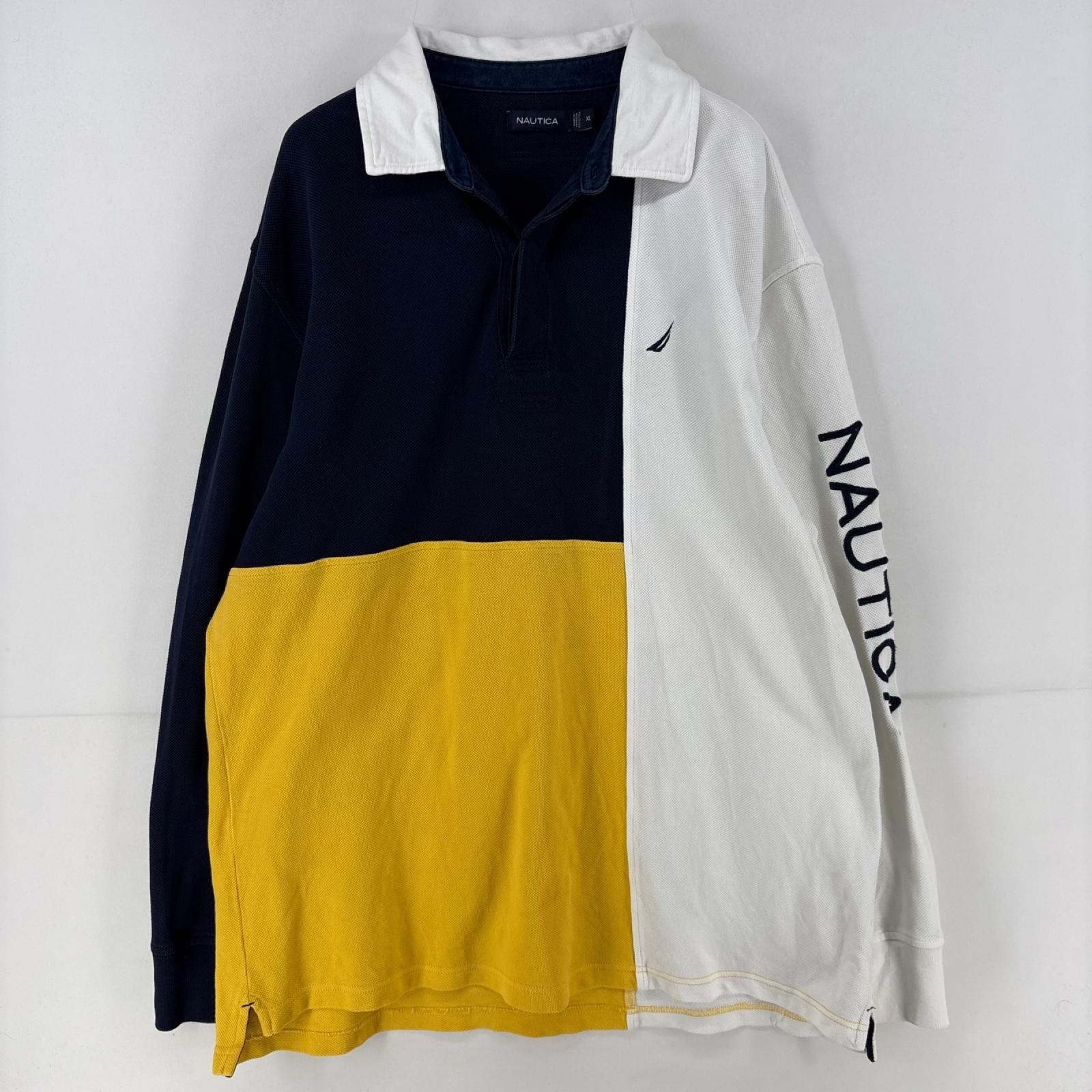 古着 ノーティカ NAUTICA 長袖シャツ 刺繍 ポロシャツ ラガーシャツ マルチカラー 袖ロゴ XL  ネイビー系 メンズ