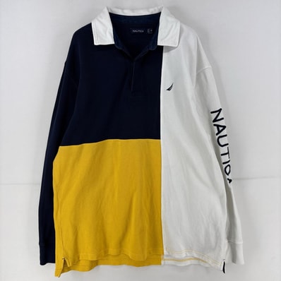 古着 ノーティカ NAUTICA 長袖シャツ 刺繍 ポロシャツ ラガーシャツ マルチカラー 袖ロゴ XL ネイビー系 メンズ