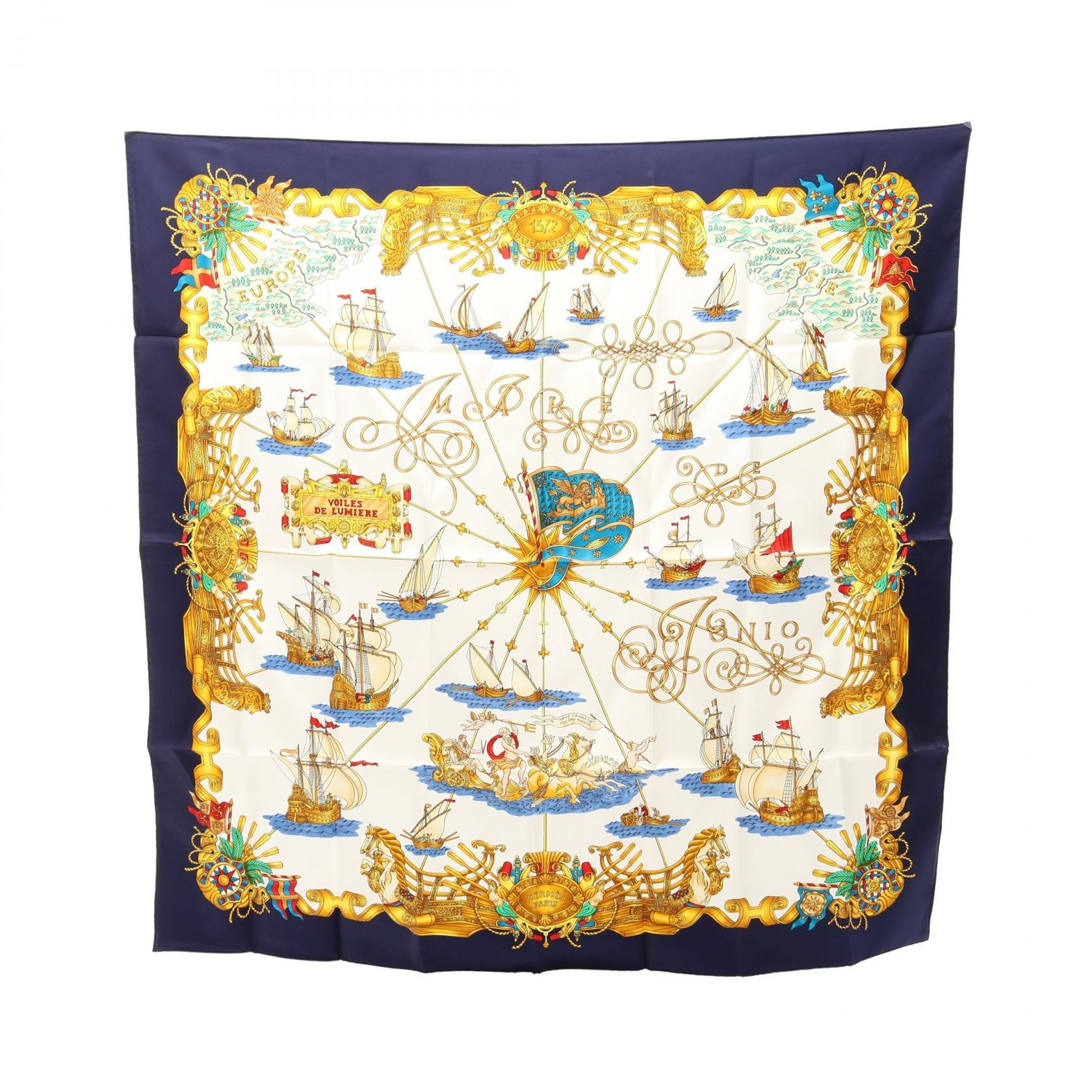 エルメス HERMES カレ90 VOILES DE LUMIERE スカーフ 衣料品 シルク シルク ホワイト レディース ネイビー系 / ホワイト系 / マルチカラー 【中古】