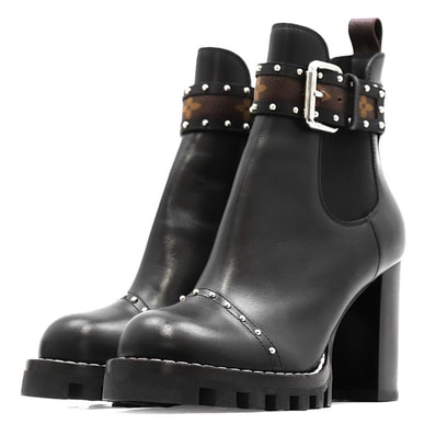 LOUIS VUITTON ルイ・ヴィトン アンクルブーツ スタートレイル・ライン LV ロゴ モノグラムフラワー スタッズ サイドゴア バックル チャンキーヒール レザー ショート シューズ 靴 レディース サイズ 37.5 ブラック 黒 イタリア製