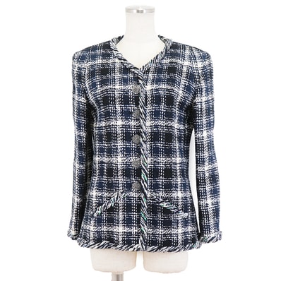 美品 シャネル 2018年 P58787 ツイード ジャケット レディース ネイビー ホワイト ブラック 36 CHANEL