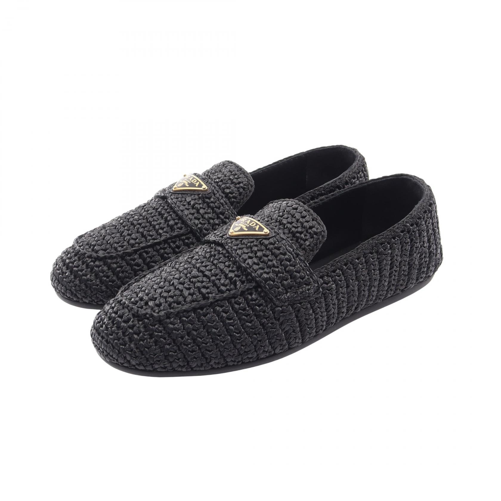 プラダ PRADA クロシェ ローファー 靴 ファブリック レディース ブラック系 【中古】