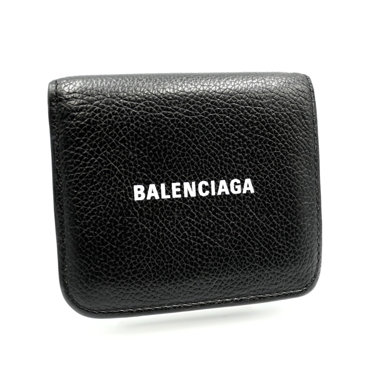 BALENCIAGA(バレンシアガ)CASH ミニウォレット 二つ折り財布 ブラック レザー ロゴ コンパクトウォレット ゴールド金具 レディース【中古】