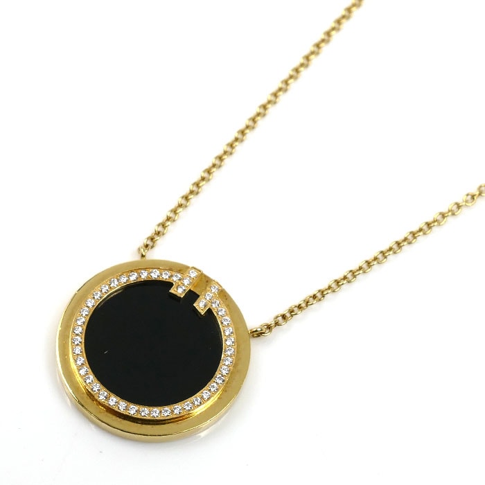 TIFFANY&Co. ティファニー K18YG イエローゴールド T TWO サークル  ネックレス オニキス ダイヤモンド 4.5g 41/46cm レディース【中古】