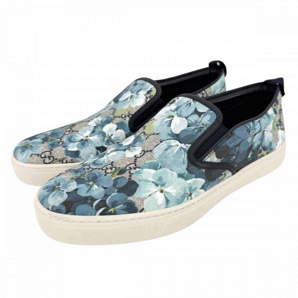 GUCCI グッチ スリッポン GGブルームス スニーカー 靴 ファッションアイテム 9サイズ 約28cm フローラル 546152 レザー    ブルー 青 ホワイト 白 メンズ 美品【中古品】