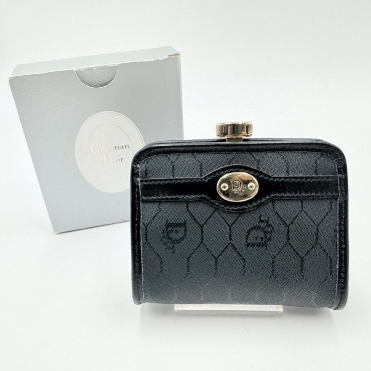 Christian Dior(クリスチャンディオール)ヴィンテージ ハニカム柄 がま口コインケース 小銭入れ ブラック PVC レザー ゴールドトーン金具 レディース
