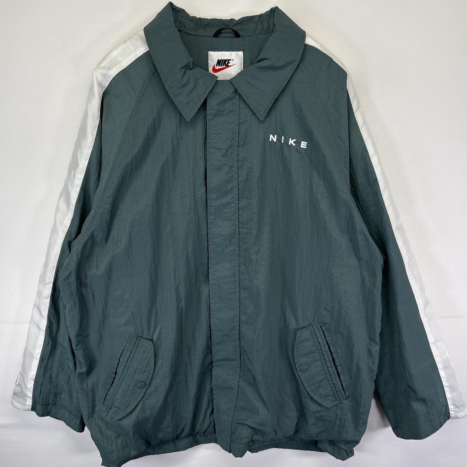 古着 90's/90年代 ナイキ NIKE ナイロンジャケット ワンポイントロゴ刺繍 大きいサイズ バックロゴ コーチジャケット ツートンカラー 14041  グリーン系 メンズ