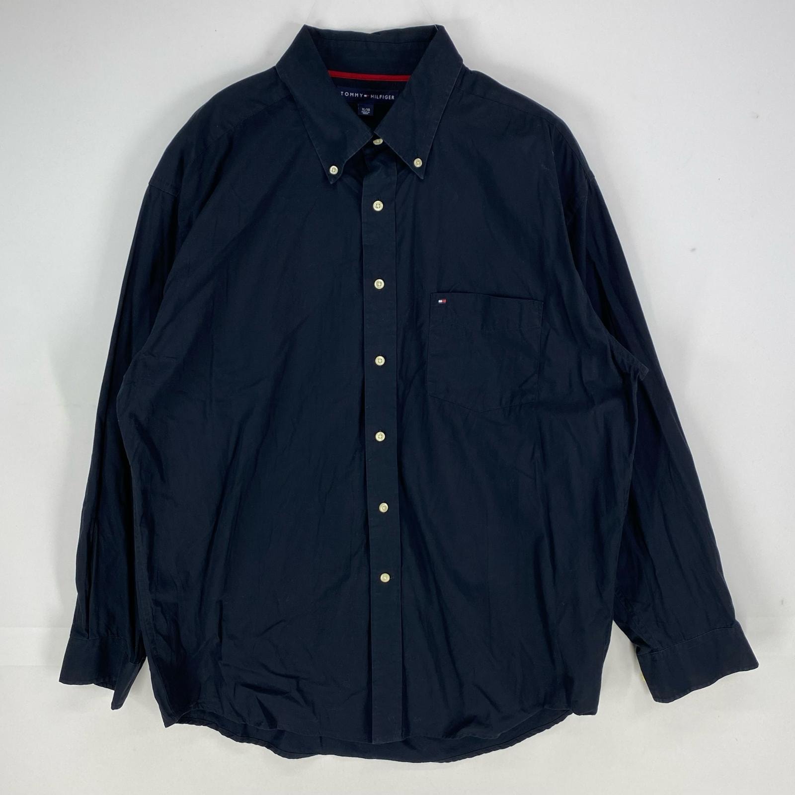 古着 トミーヒルフィガー TOMMY HILFIGER 長袖シャツ ボタンダウン ワンポイント 胸ポケット ロングスリーブ XL  ブラック系 メンズ