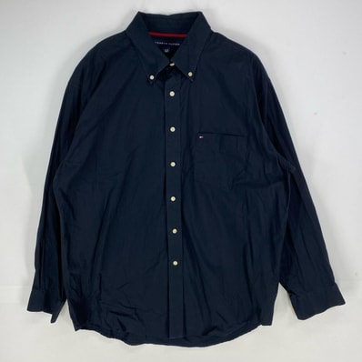 古着 トミーヒルフィガー TOMMY HILFIGER 長袖シャツ ボタンダウン ワンポイント 胸ポケット ロングスリーブ XL ブラック系 メンズ