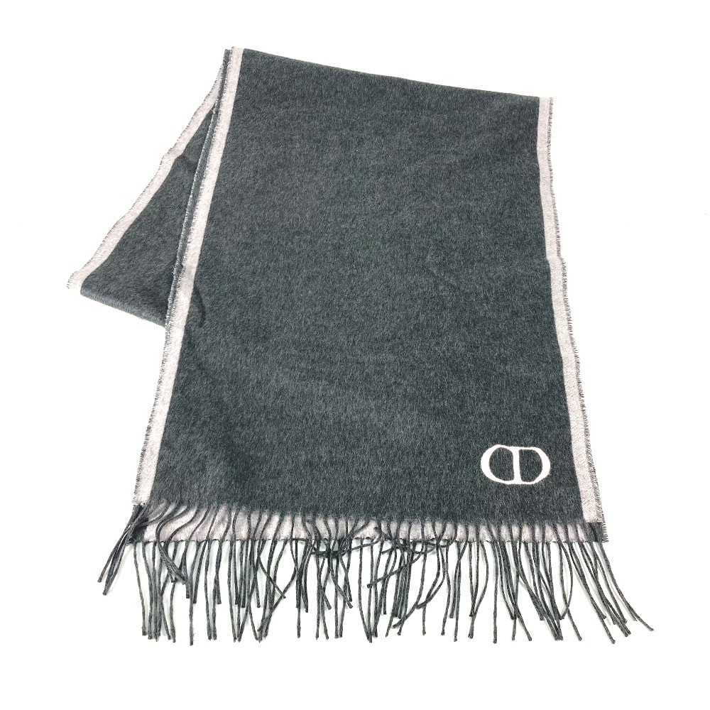 ディオール Dior CD ロゴ 93E0015DH001 フリンジ マフラー シルク グレー 新品同様