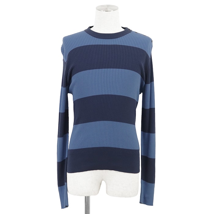 SALE【美品】PRADA プラダ リブニットセーター サイズ 48 メンズ  ボーダー ショルダーボタン プルオーバー クルーネック ロングスリーブ 長袖 コットン100% トップス ブルー ネイビー 紺 青 イタリア製
