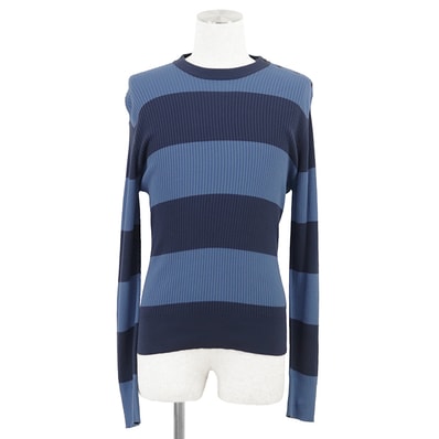 SALE【美品】PRADA プラダ リブニットセーター サイズ 48 メンズ ボーダー ショルダーボタン プルオーバー クルーネック ロングスリーブ 長袖 コットン100% トップス ブルー ネイビー 紺 青 イタリア製