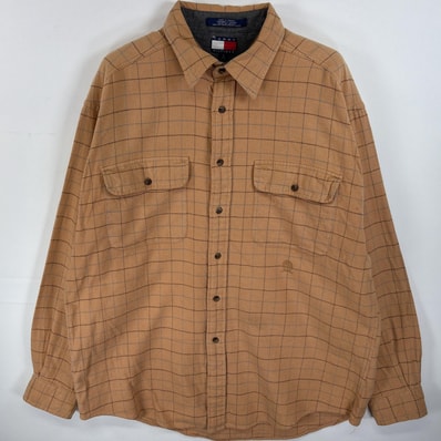 古着 90's/90年代 トミーヒルフィガー TOMMY HILFIGER 長袖シャツ ネルシャツ ワンポイント ロゴ 刺繍 フラップポケ L ブラウン系 チェック メンズ