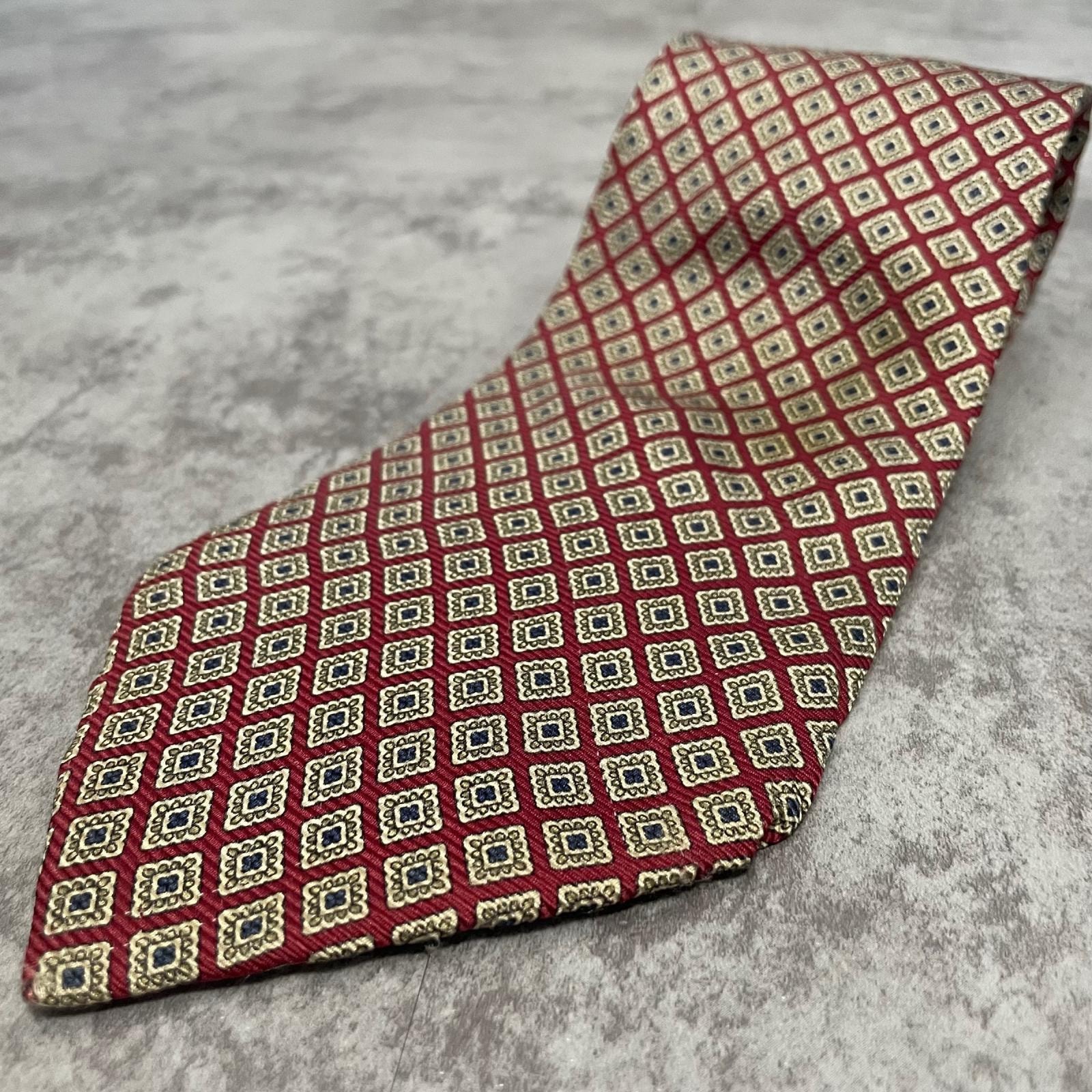 【Brooks Brothers】ブルックスブラザーズ スクエア小紋 総柄 ジャカード ネクタイ レッド ブルー クラシック ビジネス フォーマル USA製