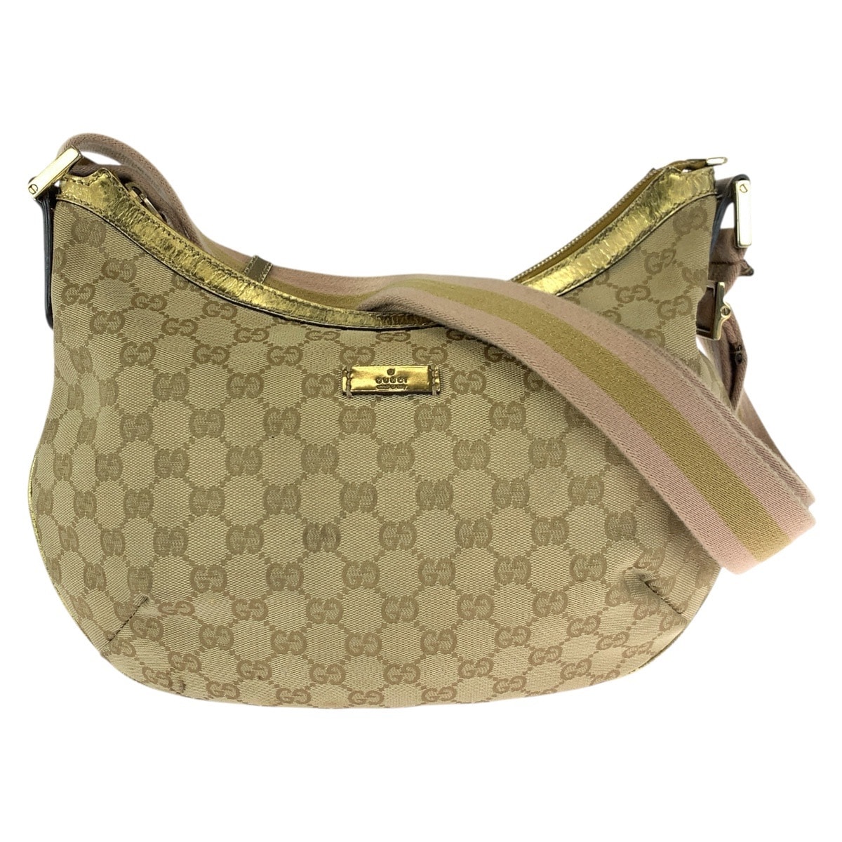 美品 GUCCI グッチ ベージュ ピンク ゴールド金具 GGキャンバス パテントレザー/ ショルダーバッグ 601389 【中古】