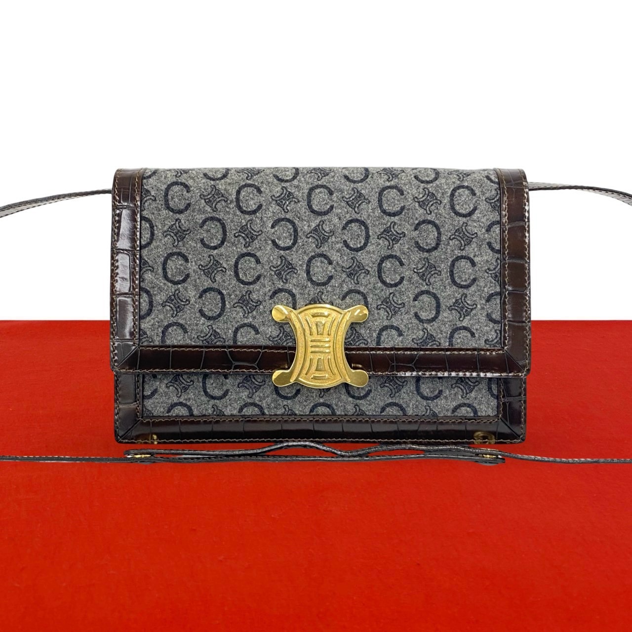 CELINE セリーヌ Cマカダム ブラゾン 金具 ウール レザー ショルダーバッグ グレー
07255