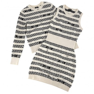 CHANEL シャネル セットアップ ココボタン ボーダー カーディガン ノースリーブワンピース ヴィンテージ アパレル 服 34 ホワイト 白 ブラック 黒 カシミヤ レディース 春 秋【中古品】