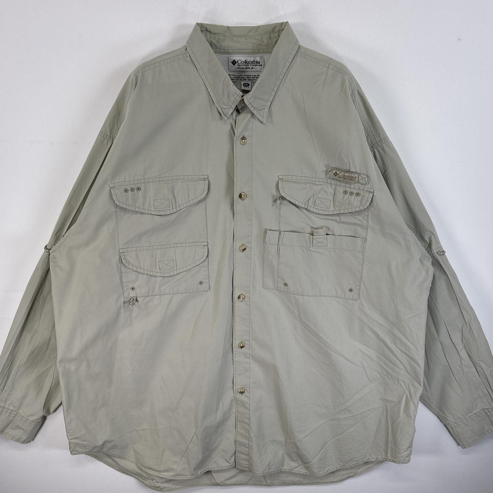 古着 コロンビア Columbia 長袖シャツ PFG フラップポケ ワンポイント ロゴ 14041  ベージュ 無地 メンズ