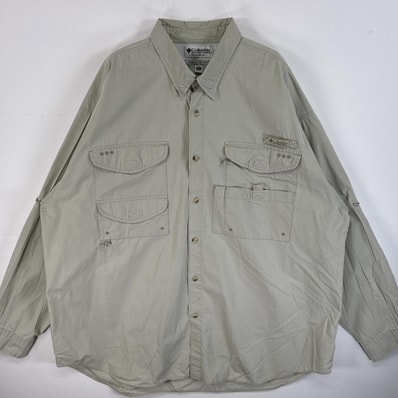 古着 コロンビア Columbia 長袖シャツ PFG フラップポケ ワンポイント ロゴ 14041 ベージュ 無地 メンズ