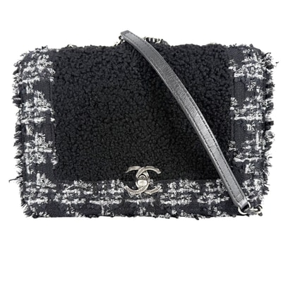 CHANEL シャネル ショルダーバッグ ボア ココマーク 肩掛け 斜め掛け ツイード レザー ブラック 黒 アンティークシルバー金具 レディース【中古品】