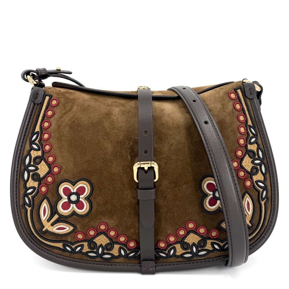 ETRO エトロ ショルダーバッグ エンブロイダリー ポニーバッグ ミディアム スエード 肩掛け 斜め掛け Pony WP1C0019 カーフ ブラウン 茶 ゴールド金具 レディース【中古品】
