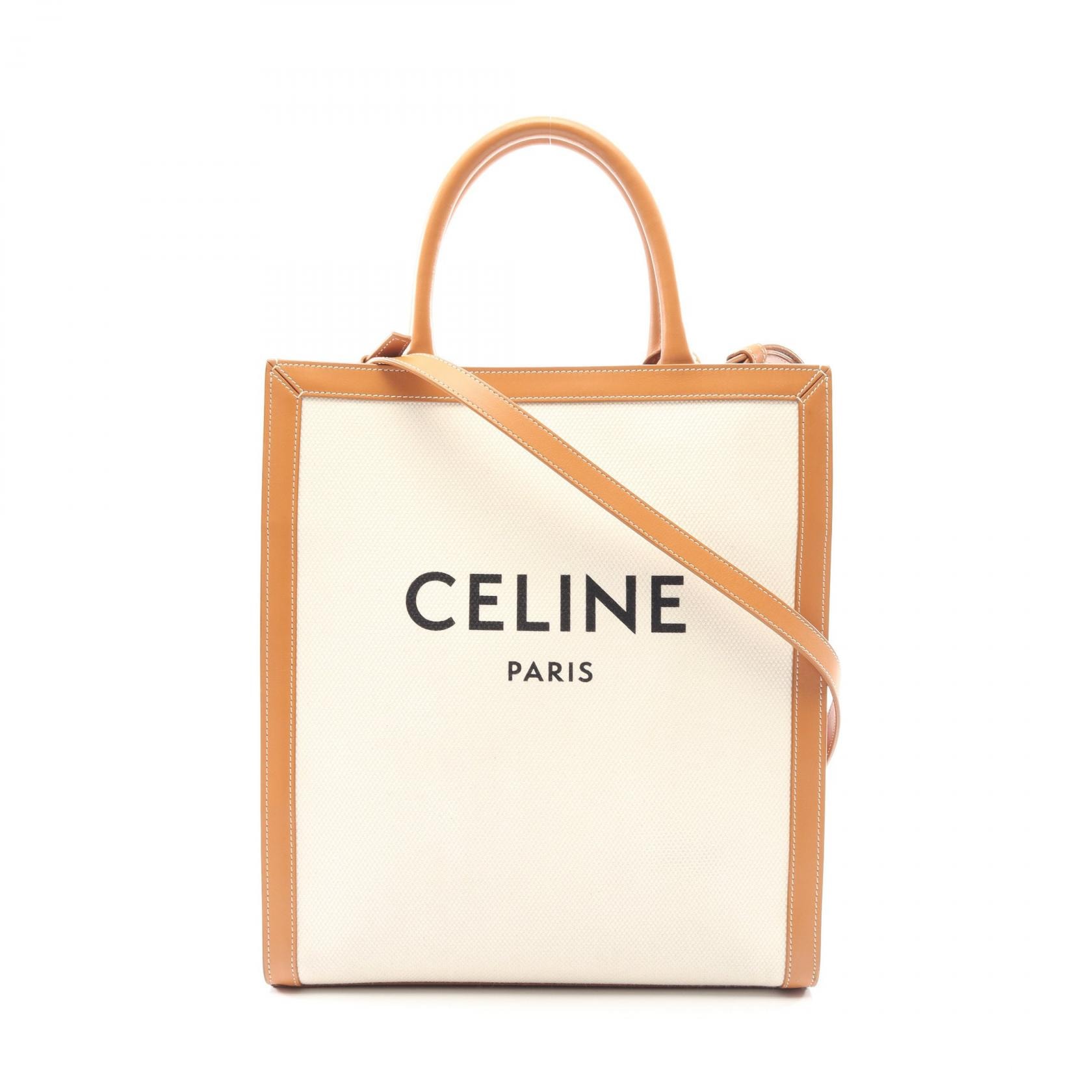 セリーヌ CELINE スモール バーティカル カバ 2WAY トートバッグ バッグ キャンバス レザー レディース ホワイト系 / ブラウン系 【中古】