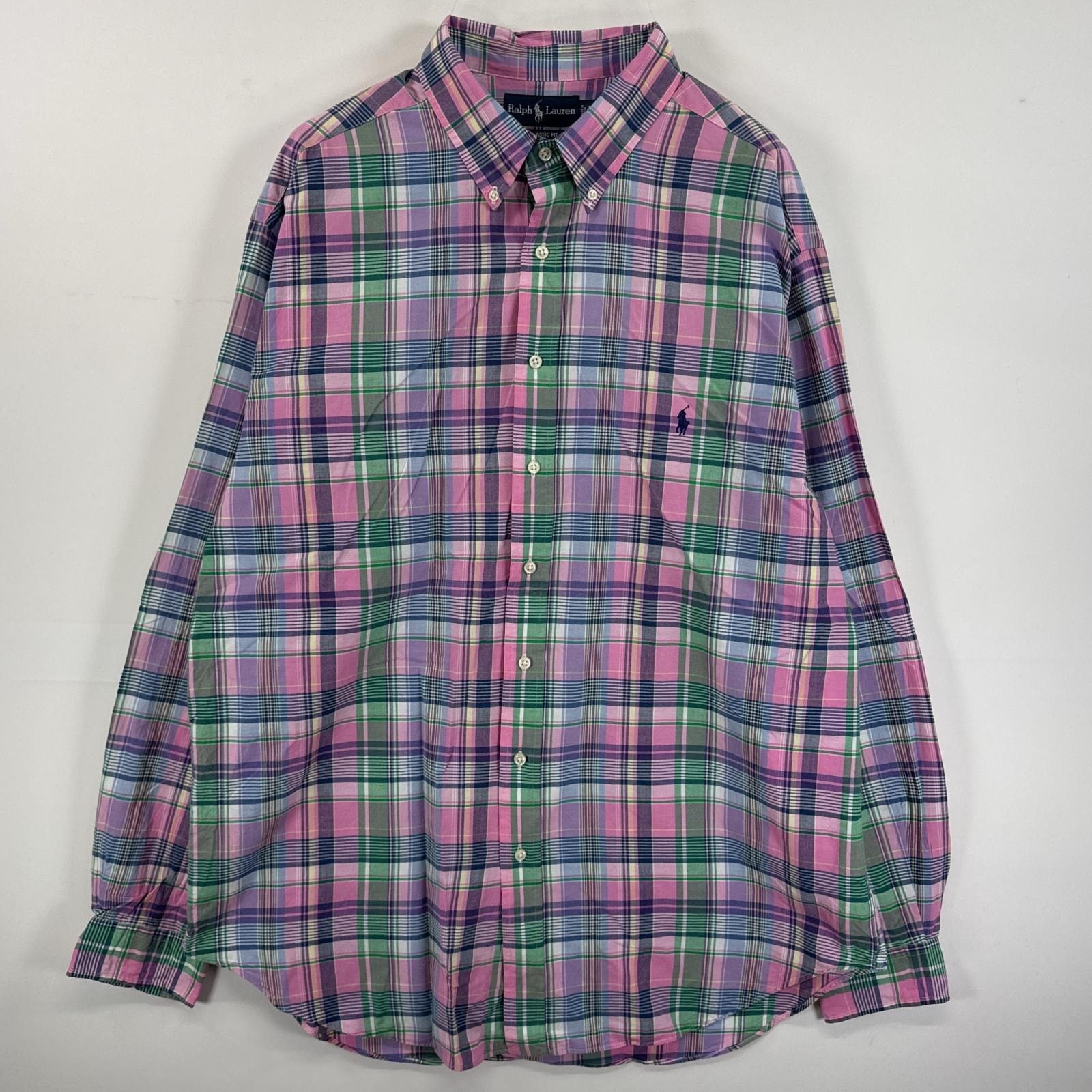 古着 ラルフローレン RALPH LAUREN 長袖シャツ マルチカラー ボタンダウンシャツ 大きいサイズ ワンポイント 2XLT TALL  ピンク系 チェック メンズ