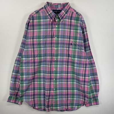 古着 ラルフローレン RALPH LAUREN 長袖シャツ マルチカラー ボタンダウンシャツ 大きいサイズ ワンポイント 2XLT TALL ピンク系 チェック メンズ