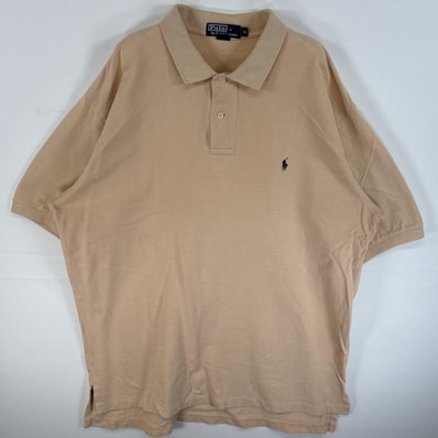 古着 90's/90年代 ポロバイラルフローレン Polo by Ralph Lauren 鹿の子 半袖 ポロシャツ ワンポイント ロゴ 刺繍 大きいサイズ 2ボタン XL ベージュ 無地 メンズ